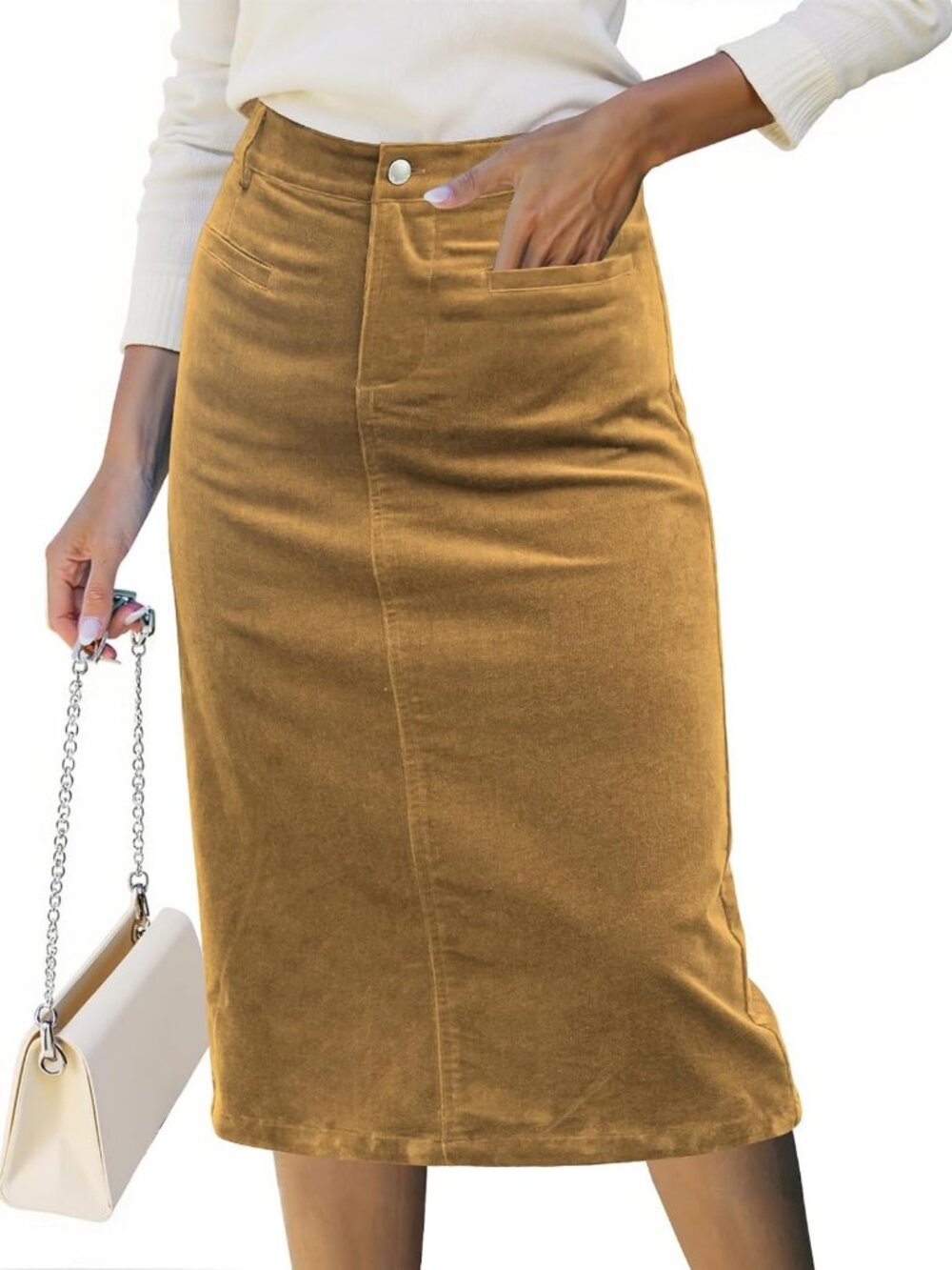 Trendy Midi Corduroy Skirt for Women | High Waisted, Casual, Stretchy, Pockets